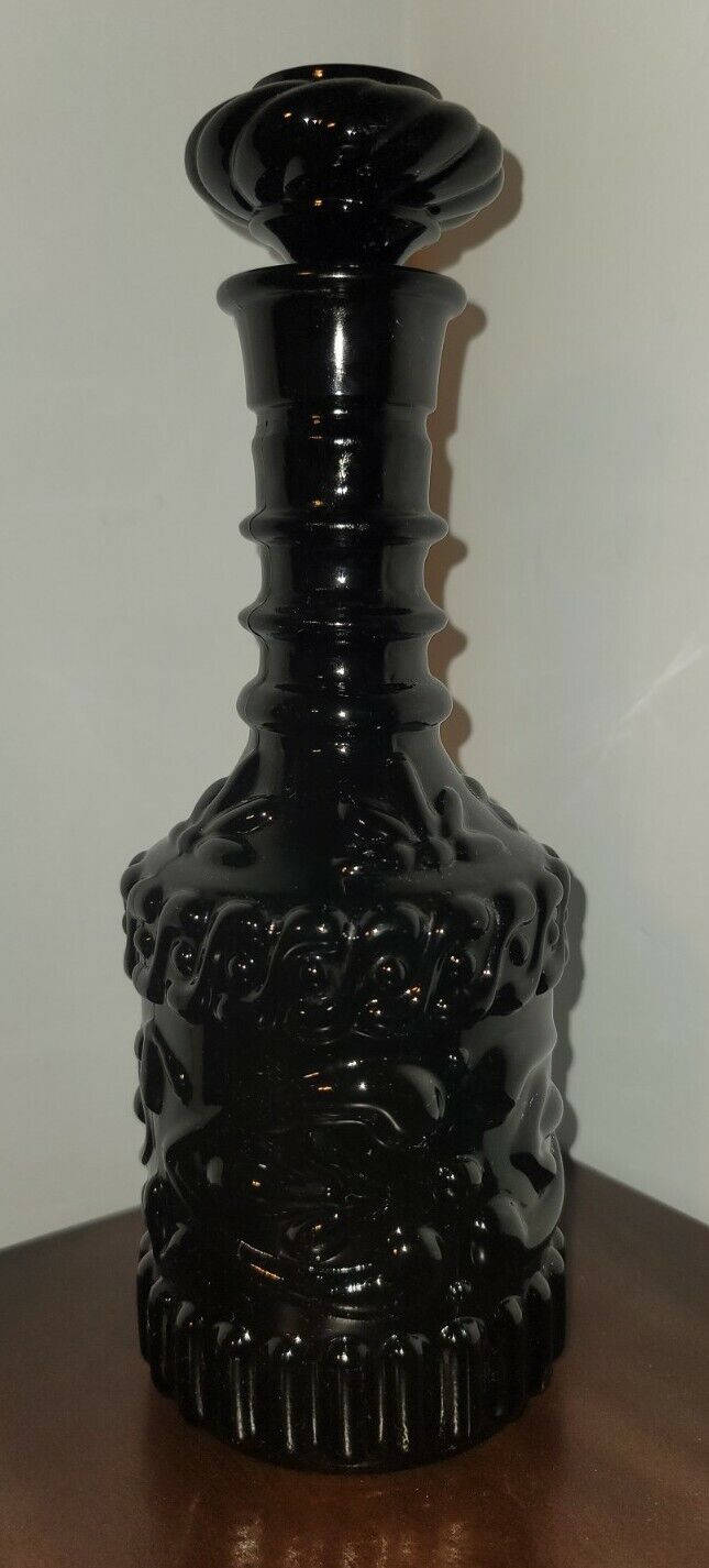 Vintage Bohemian Cranberry Black Red Glass Liquor Wine Bottle Decanter MCM