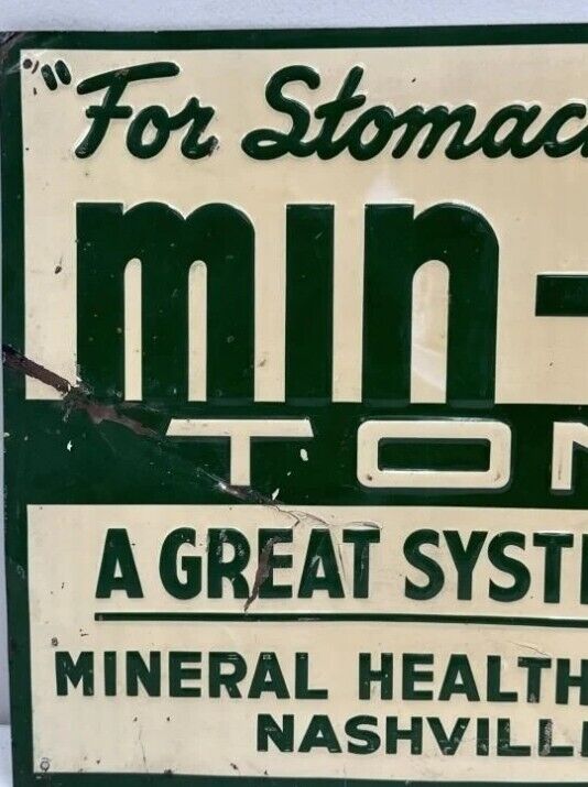 Vintage Min-Lax Tonic Embossed Tin Sign Measures 20' Across General Store Farm B