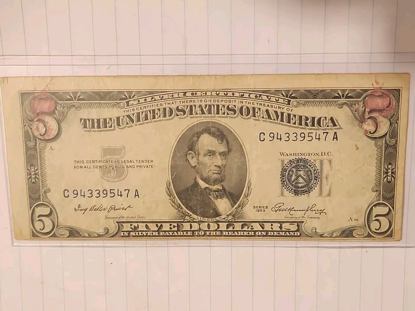 silver certificate five dollar 1953 blue stamp Collectible Currency Coins Money 