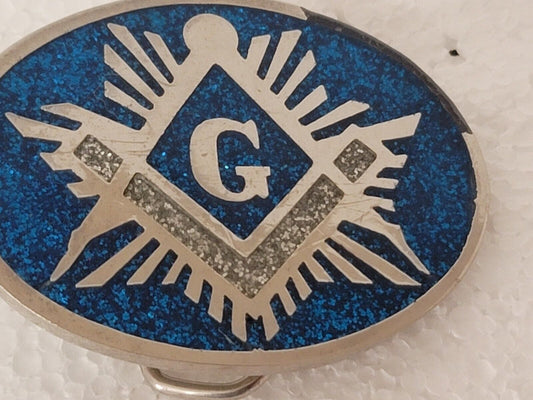 Vintage Masonic Freemason Belt Buckle Square & Compass Red & Blue Inlay  