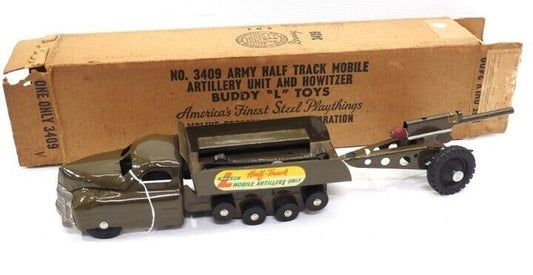 Rare Buddy L 409 Half Track mobile Artillery unit with cannon and Box. 1940s 50s