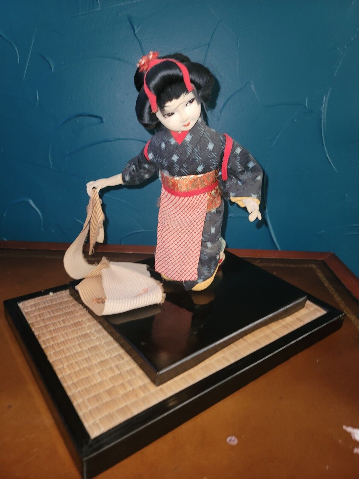 Vintage Japanese 10" Ichimatsu Girl Doll In Elaborate Kimono Wood Base MCM