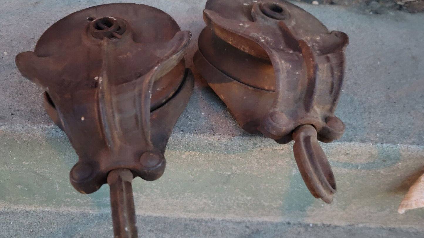 Lot Of 2 Antique Cast Iron Myers Barn Pulley Wood Wheel  H 239b H 298