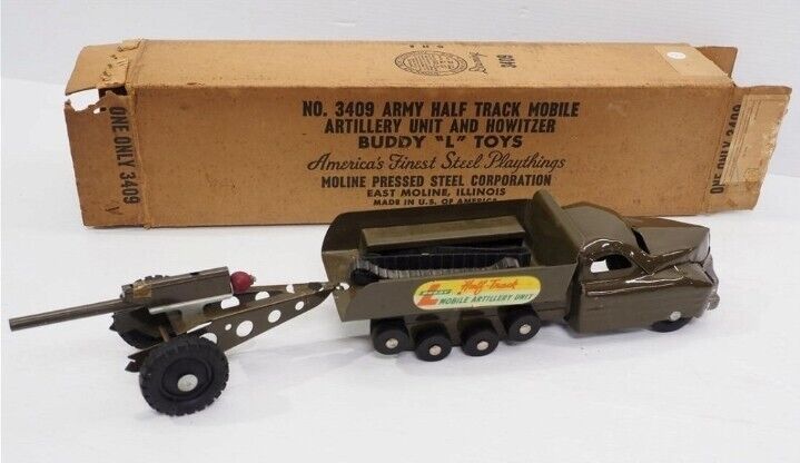 Rare Buddy L 409 Half Track mobile Artillery unit with cannon and Box. 1940s 50s