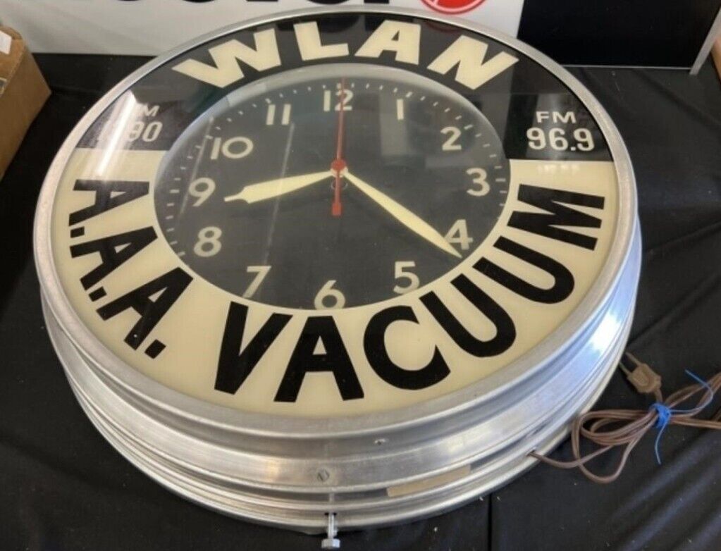 Vintage  A.A.A. Vacuum WLAN Radio WALL CLOCK  MCM Electric Advertising Runs 21" 