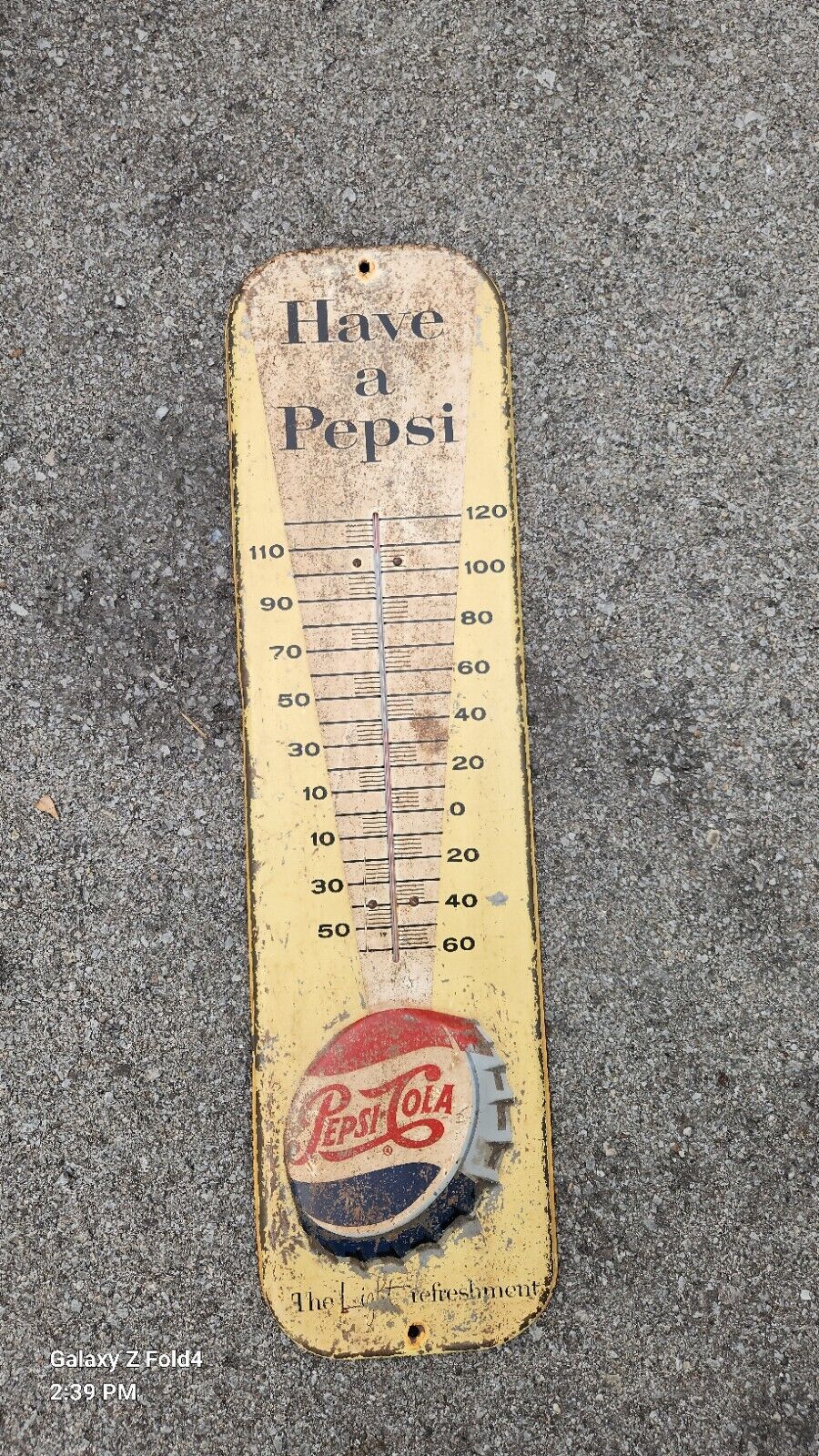 VINTAGE ADVERTISING 1957  PEPSI COLA SODA TIN WALL THERMOMETER  Great Patina