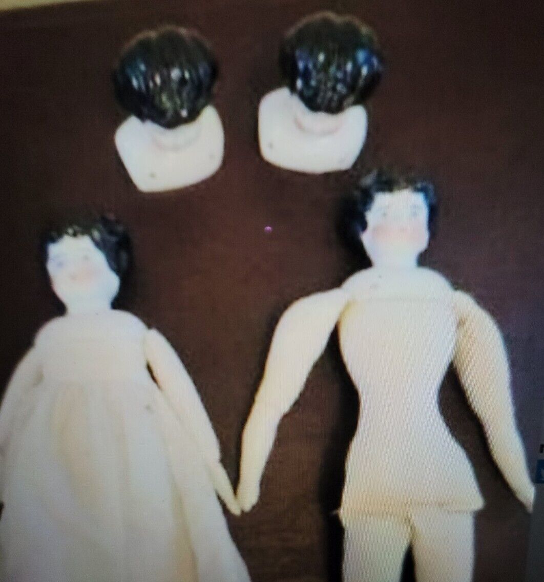 LOT of 4 Antique Bisque Porcelain German China Head Cloth Body Low Brow Dolls