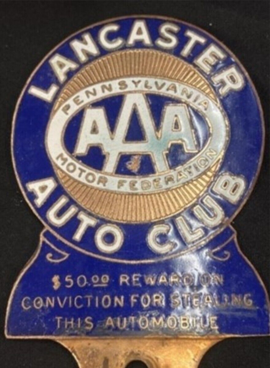 Vtg. Lancaster PA Auto Club AAA License Plate Topper Enamel Mopar Car Club Ford 