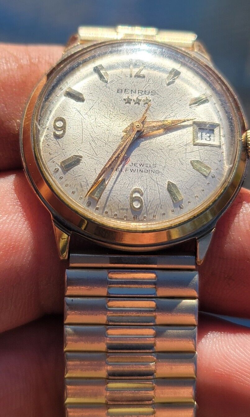 Vtg Benrus Gold Plated 39 Jewels Automatic Date Watch Series 7001 Runs Great B