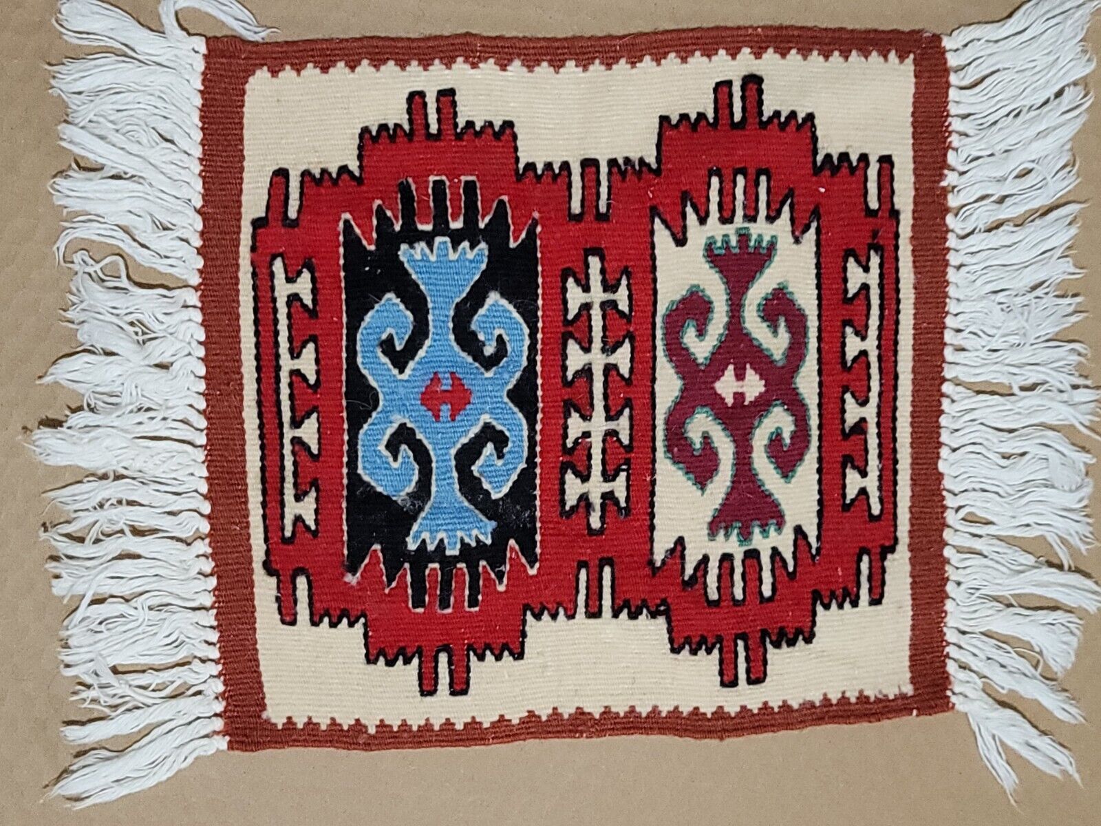 Vintage Woven Wool Southwestern Style Area Rug Fringes 10" x 11" salesman sample